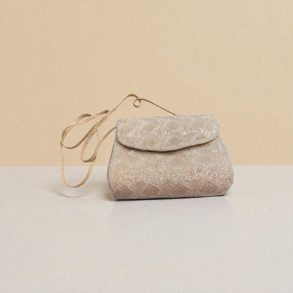 Elegant Beige Beaded Evening Clutch with Optional Crossbody Strap